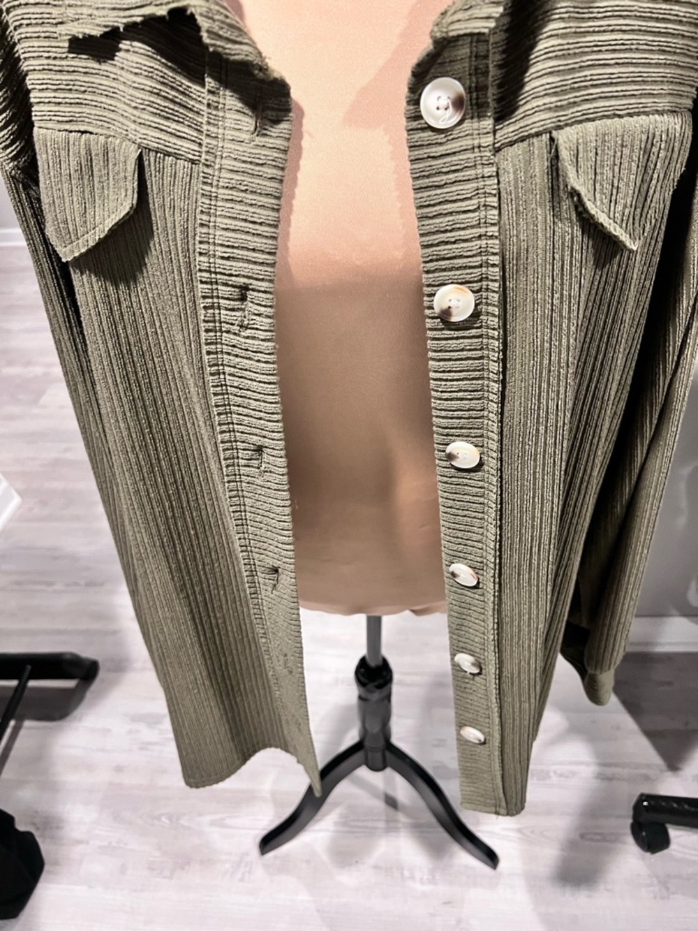 Olive Ribbed Button-Front Shacket - Picture 9 of 11